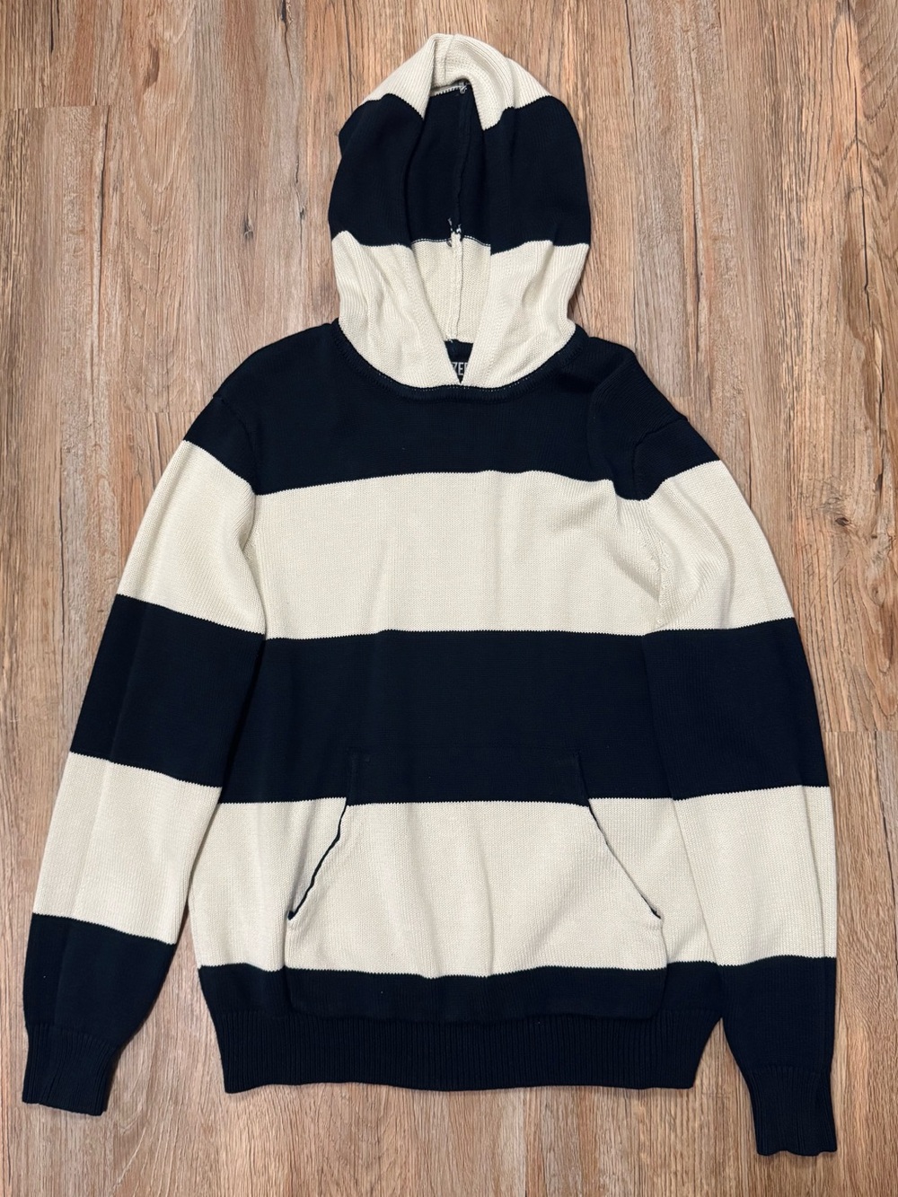 Striped Hooded Knit Pullover Sweater - Navy & Cream